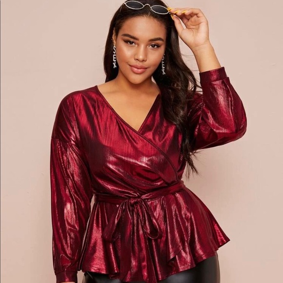 Tops - Plus drop shoulder belted metallic wrap blouse